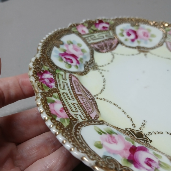 Nippon Vintage 7.5" Plate Gold Scalloped Edge Pink Roses Berry Bowl Underplate? - Picture 5 of 16